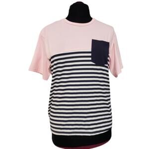 Shein Pocket Short Sleeve Blue Striped Pink T Shirt Medium